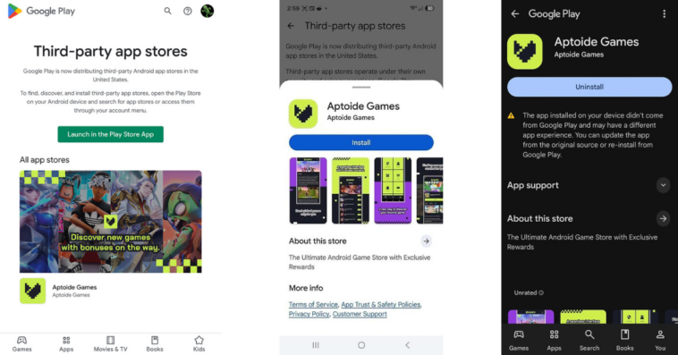 aptoide-google-play – mobile marketing reads Screenshots showing Google Play Store page for Aptiode Games on different devices/contexts (intro, install prompt, store profile) for third-party app stores feature.