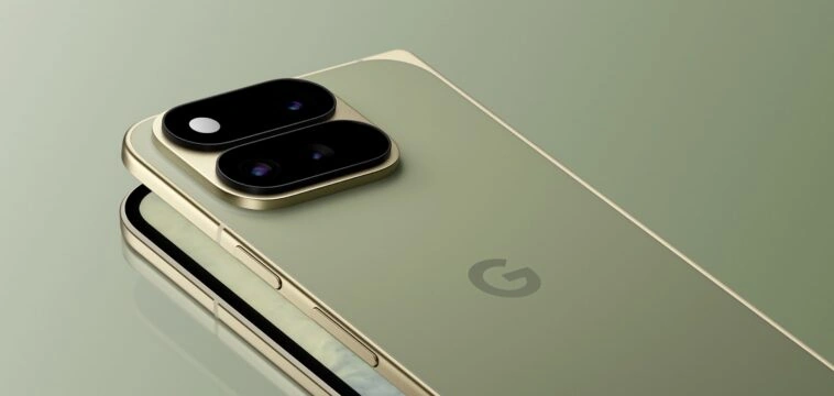 image1786465456 – mobile marketing reads Close-up of a gold smartphone lying on its back, showing a dual-camera bump on the left side.