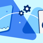 Abstract illustration of data analytics: charts, gears, a mobile screen with a speedometer, and a lightning bolt.