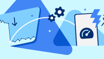 Abstract illustration of data analytics: charts, gears, a mobile screen with a speedometer, and a lightning bolt.