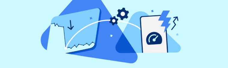 Abstract illustration of data analytics: charts, gears, a mobile screen with a speedometer, and a lightning bolt.