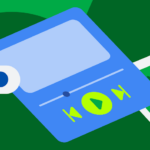 media-3-1-11 – mobile marketing reads Abstract illustration of a video editing/playback interface with a large blue card, play button, and green control buttons set on a green background.