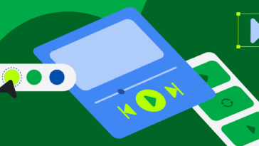 Abstract illustration of a video editing/playback interface with a large blue card, play button, and green control buttons set on a green background.
