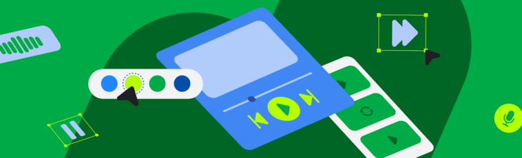 media-3-1-11 – mobile marketing reads Abstract illustration of a video editing/playback interface with a large blue card, play button, and green control buttons set on a green background.