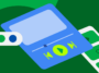 media-3-1-11 – mobile marketing reads Abstract illustration of a video editing/playback interface with a large blue card, play button, and green control buttons set on a green background.