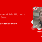 Hero image: red background with a portrait of a man in glasses beside megaphones; article title about AI and mobile UA for BidMatrix."