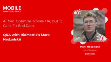 Hero image: red background with a portrait of a man in glasses beside megaphones; article title about AI and mobile UA for BidMatrix."