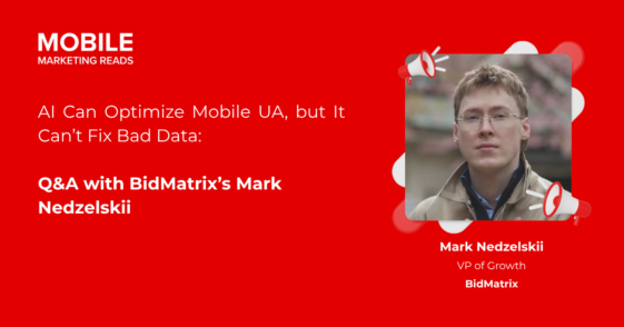 Hero image: red background with a portrait of a man in glasses beside megaphones; article title about AI and mobile UA for BidMatrix."