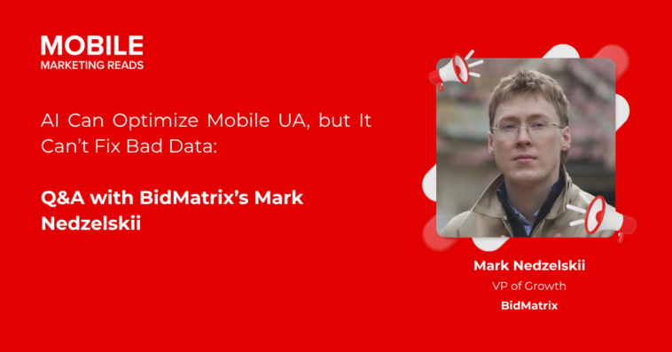 mmr-qa-article – mobile marketing reads Hero image: red background with a portrait of a man in glasses beside megaphones; article title about AI and mobile UA for BidMatrix."