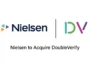 nielsen-doubleverify – mobile marketing reads Nielsen and IDV logos with the headline 'Nielsen to Acquire DoubleVerify' announcing the acquisition