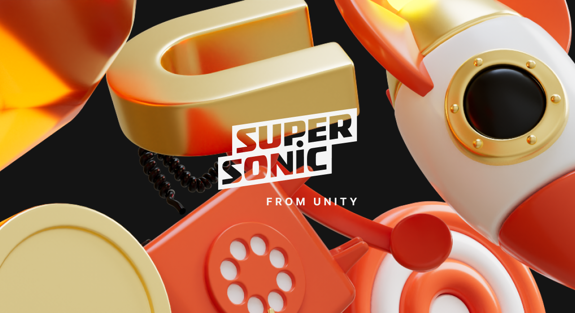Promotional 3D artwork for 'Super Sonic from Unity' featuring orange and gold retro phone elements on a black background