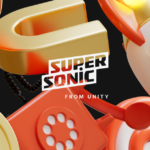 Promotional 3D artwork for 'Super Sonic from Unity' featuring orange and gold retro phone elements on a black background