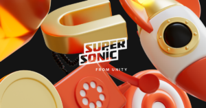 Promotional 3D artwork for 'Super Sonic from Unity' featuring orange and gold retro phone elements on a black background