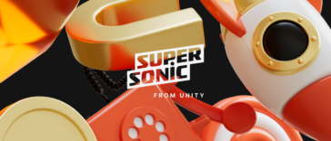 Promotional 3D artwork for 'Super Sonic from Unity' featuring orange and gold retro phone elements on a black background