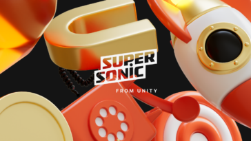 Promotional 3D artwork for 'Super Sonic from Unity' featuring orange and gold retro phone elements on a black background