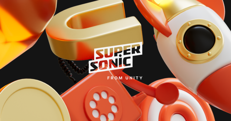supersonic – mobile marketing reads Promotional 3D artwork for 'Super Sonic from Unity' featuring orange and gold retro phone elements on a black background