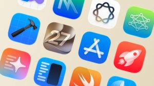 A collage of colorful app icons scattered on a beige background, featuring a hammer on a blue tile, the React atom, a rocket, and other software logos.