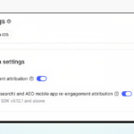 55528-blog_inline-2 – mobile marketing reads Screenshot of an App Settings panel titled 'App Settings' showing two toggle switches under 'Attribution settings': 'Re-engagement attribution' and 'SEO (organic search) and AEO mobile app re-engagement attribution' with a note 'Supported for SDK v6.12.1 and above'