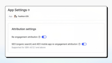 Screenshot of an App Settings panel titled 'App Settings' showing two toggle switches under 'Attribution settings': 'Re-engagement attribution' and 'SEO (organic search) and AEO mobile app re-engagement attribution' with a note 'Supported for SDK v6.12.1 and above'