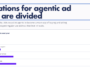 Infographic with the headline 'Expectations for agentic ad buying are divided' and a 1-year outlook; shows bar charts of responses and '50 respondents' on the right.