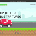 android-auto-games – mobile marketing reads Red van drives on a road in a pixel-style mobile game with 'Tap to Drive' message and 'Double Tap Turbo' cue; gas bar and distance shown at top, garage/store at bottom left/right.