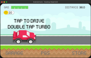 Red van drives on a road in a pixel-style mobile game with 'Tap to Drive' message and 'Double Tap Turbo' cue; gas bar and distance shown at top, garage/store at bottom left/right.