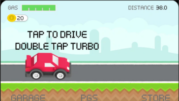 Red van drives on a road in a pixel-style mobile game with 'Tap to Drive' message and 'Double Tap Turbo' cue; gas bar and distance shown at top, garage/store at bottom left/right.