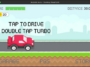 Red van drives on a road in a pixel-style mobile game with 'Tap to Drive' message and 'Double Tap Turbo' cue; gas bar and distance shown at top, garage/store at bottom left/right.