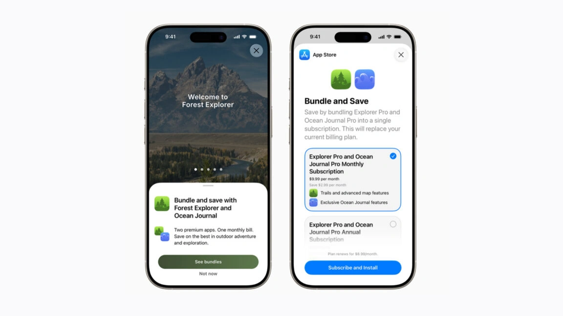 Two iPhones side by side showing Forest Explorer onboarding screens: left screen with mountains and 'Welcome to Forest Explorer' text; right screen with bundle and subscription options.
