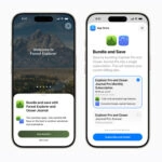 app-store-subscriptions-ios-27-2 – mobile marketing reads Two iPhones side by side showing Forest Explorer onboarding screens: left screen with mountains and 'Welcome to Forest Explorer' text; right screen with bundle and subscription options.