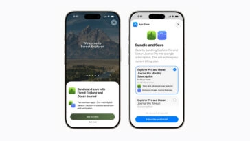 Two iPhones side by side showing Forest Explorer onboarding screens: left screen with mountains and 'Welcome to Forest Explorer' text; right screen with bundle and subscription options.