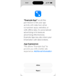 apple-att-update-eu – mobile marketing reads Permission prompt from 'Example App' asking to link your activity with data from other apps and sites; two buttons 'Allow' and 'Reject'.