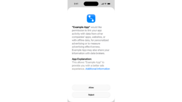 Permission prompt from 'Example App' asking to link your activity with data from other apps and sites; two buttons 'Allow' and 'Reject'.