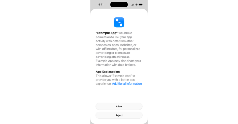 apple-att-update-eu – mobile marketing reads Permission prompt from 'Example App' asking to link your activity with data from other apps and sites; two buttons 'Allow' and 'Reject'.