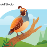 image1788274564 – mobile marketing reads Colorful quail perched on a brown branch against a blue sky and green hills, as Android Studio Quail 4 branding appears to the left.