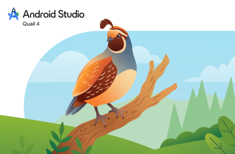 image1788274564 – mobile marketing reads Colorful quail perched on a brown branch against a blue sky and green hills, as Android Studio Quail 4 branding appears to the left.