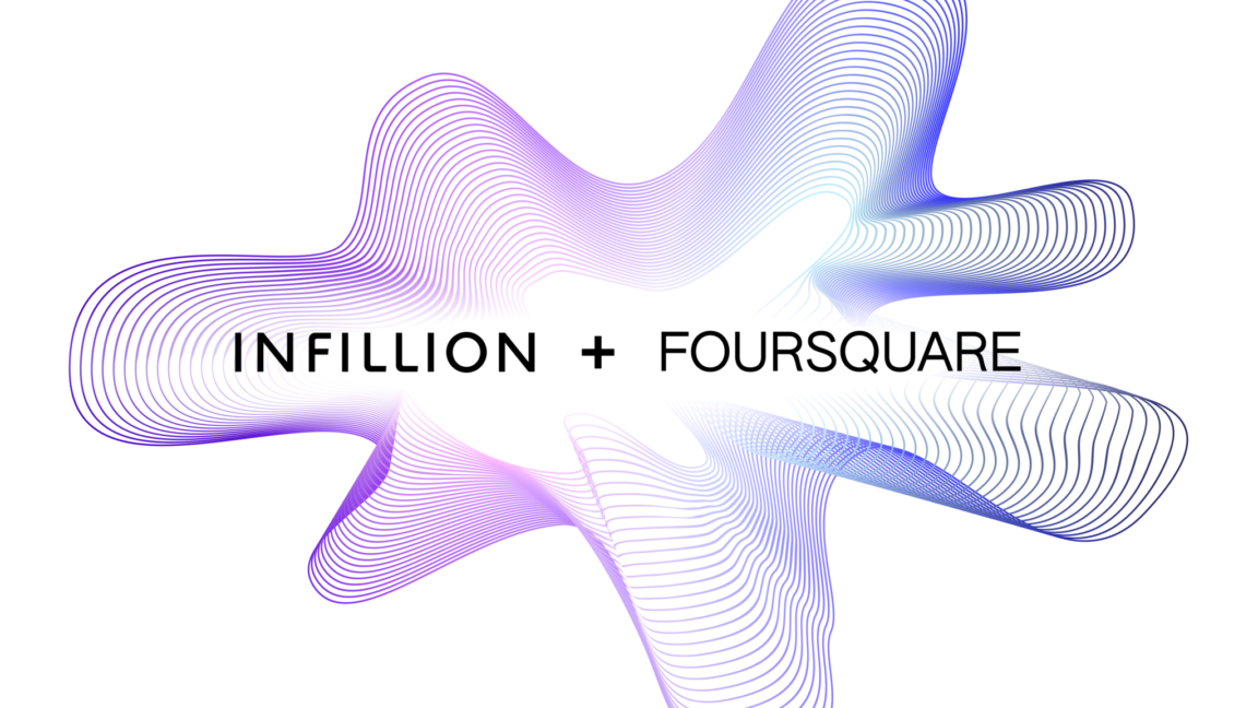 Abstract purple wave graphic with the words INFILLION + FOURSQUARE on a white oval.