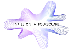 Abstract purple wave graphic with the words INFILLION + FOURSQUARE on a white oval.