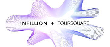 Abstract purple wave graphic with the words INFILLION + FOURSQUARE on a white oval.