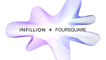Abstract purple wave graphic with the words INFILLION + FOURSQUARE on a white oval.