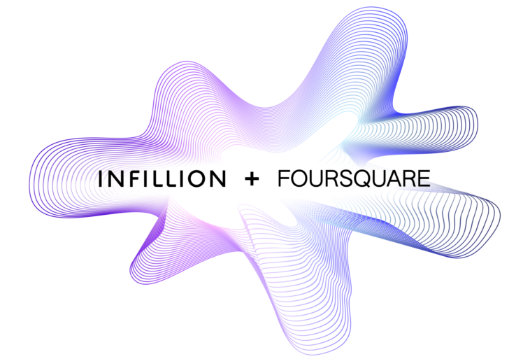 infillion_foursquare – mobile marketing reads Abstract purple wave graphic with the words INFILLION + FOURSQUARE on a white oval.