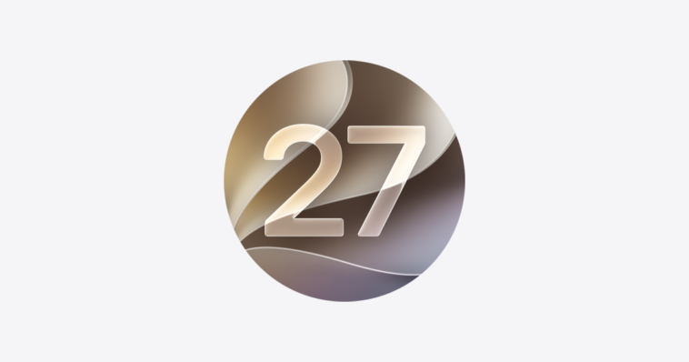 ios-27-round-og – mobile marketing reads Circular abstract badge with a soft gradient and a large translucent 27 in the center.