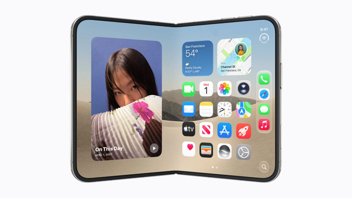 iPhone home screen with colorful widgets and app icons over a desert-sky wallpaper, showing time 9:41 and a large photo widget on the left