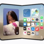iphone-duo – mobile marketing reads iPhone home screen with colorful widgets and app icons over a desert-sky wallpaper, showing time 9:41 and a large photo widget on the left