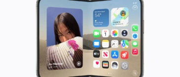 iPhone home screen with colorful widgets and app icons over a desert-sky wallpaper, showing time 9:41 and a large photo widget on the left