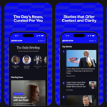 ms-now-membership – mobile marketing reads Four MS NOW app screens on a blue patterned background: Live Q&A, The Daily Briefing, Top Stories, and Stream Live TV