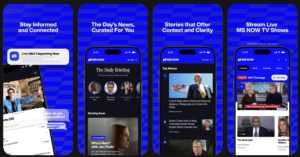Four MS NOW app screens on a blue patterned background: Live Q&A, The Daily Briefing, Top Stories, and Stream Live TV