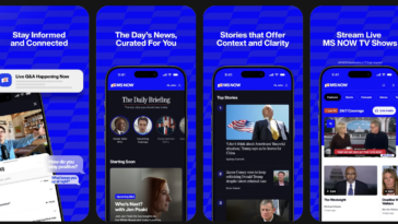 Four MS NOW app screens on a blue patterned background: Live Q&A, The Daily Briefing, Top Stories, and Stream Live TV