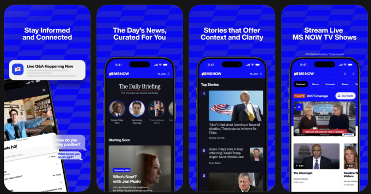 ms-now-membership – mobile marketing reads Four MS NOW app screens on a blue patterned background: Live Q&A, The Daily Briefing, Top Stories, and Stream Live TV