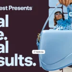 pinterest-ads – mobile marketing reads Pinterest Presents ad featuring a blue backpack and a person in a blue polka-dot jacket reaching forward, with the large text 'Real Life Results' on a dark background.